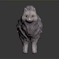 Light Colored 3D Cat Model Featuring Fluffy Fur Yellow Eyes On Dark Reflective Background 3d model