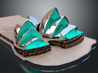Cultural Center Building With Shell Shaped Roofs And Green Silver Design 3d model