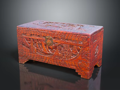 Traditional Carved Wooden Chest With Intricate Patterns Red Finish And Metal Lock 3d model