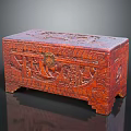 Traditional Carved Wooden Chest With Intricate Patterns Red Finish And Metal Lock