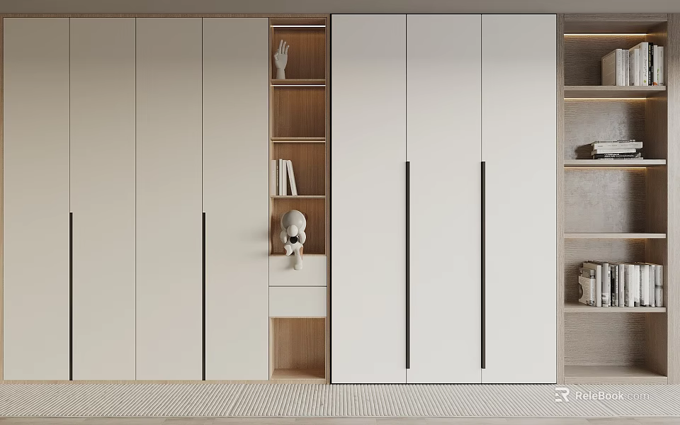 Modern Minimalist Wardrobe Interior Design With White Panels Black Handles And Wooden Shelves 3d model 