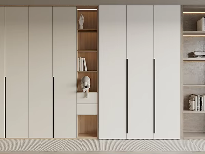 Modern Minimalist Wardrobe Interior Design With White Panels Black Handles And Wooden Shelves 3d model