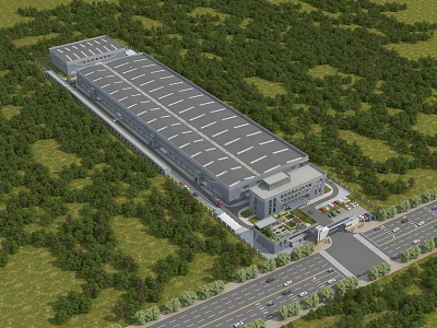 Aerial View of Industrial Factory Surrounded by Green Trees Large Roof Structure and Highway Access 3d model