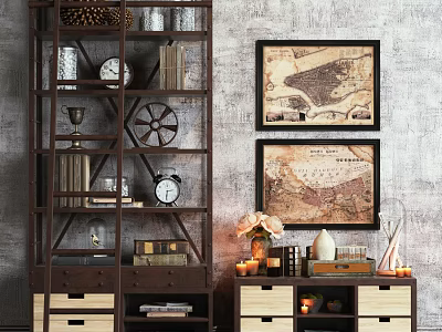 Rustic Wooden Bookcase with Books Clock Decorative Items and Framed Maps on Gray Textured Wall 3d model