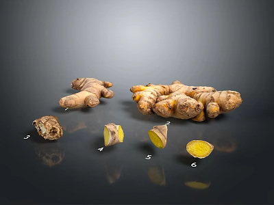 Whole And Sliced Ginger On Dark Background With Yellowish Brown Exterior And Yellow Interior 3d model