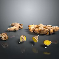 Whole And Sliced Ginger On Dark Background With Yellowish Brown Exterior And Yellow Interior