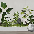 Green Plants in Rectangular Planter with Light Wall Wooden Floor Decorative Lantern and White Sphere 3d model