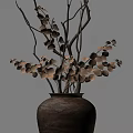 Ceramic Vase Featuring Golden Leaves And Branches On Light Wall With Light And Shadow Effects