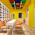 Beauty Salon Interior With Manicure Eyelash Services Yellow Door Blue Framed Windows And Wall Lamps