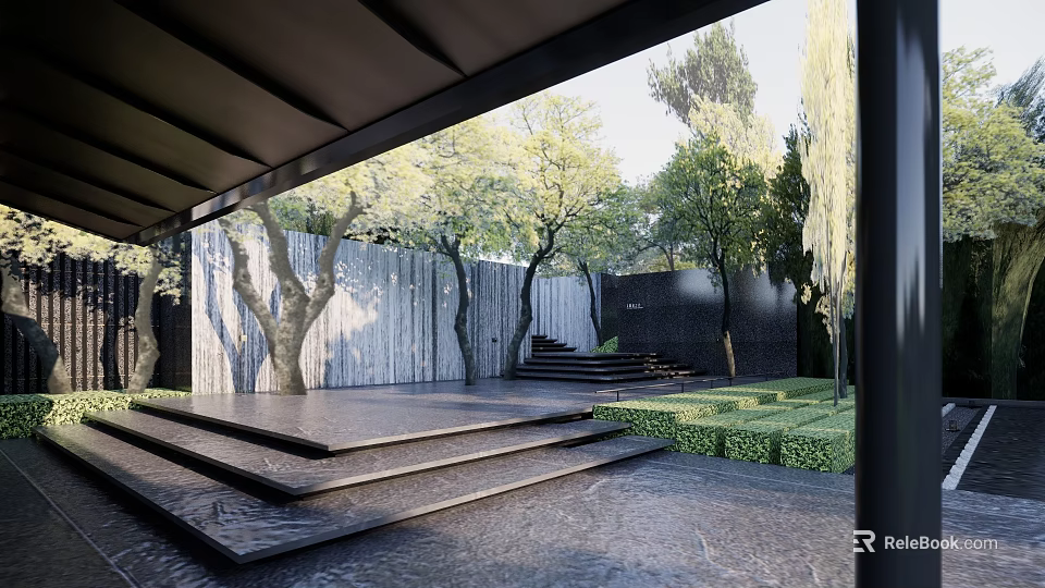 Contemporary Garden Landscape With Stepped Platform Trees Green Hedges Wooden And Black Walls 3d model 