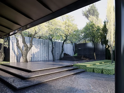 Contemporary Garden Landscape With Stepped Platform Trees Green Hedges Wooden And Black Walls 3d model