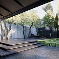 Contemporary Garden Landscape With Stepped Platform Trees Green Hedges Wooden And Black Walls