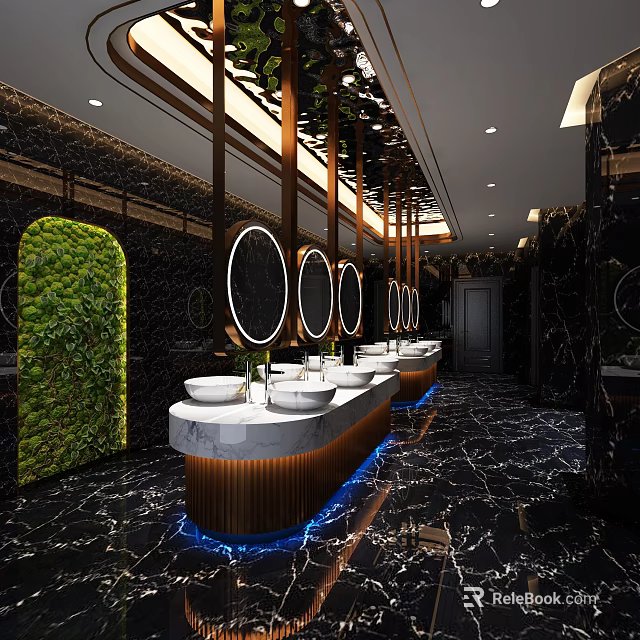 Modern Hotel Bathroom With Circular Mirrors Marble Countertop Green Plant Wall And Blue Lighting 3d model 