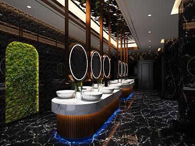 Modern Hotel Bathroom With Circular Mirrors Marble Countertop Green Plant Wall And Blue Lighting 3d model