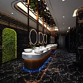 Modern Hotel Bathroom With Circular Mirrors Marble Countertop Green Plant Wall And Blue Lighting