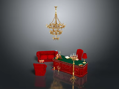 Elegant Office Desk with Green Top Red Sofa Red Chair Gold Chandelier and Wine Glasses 3d model