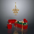 Elegant Office Desk with Green Top Red Sofa Red Chair Gold Chandelier and Wine Glasses