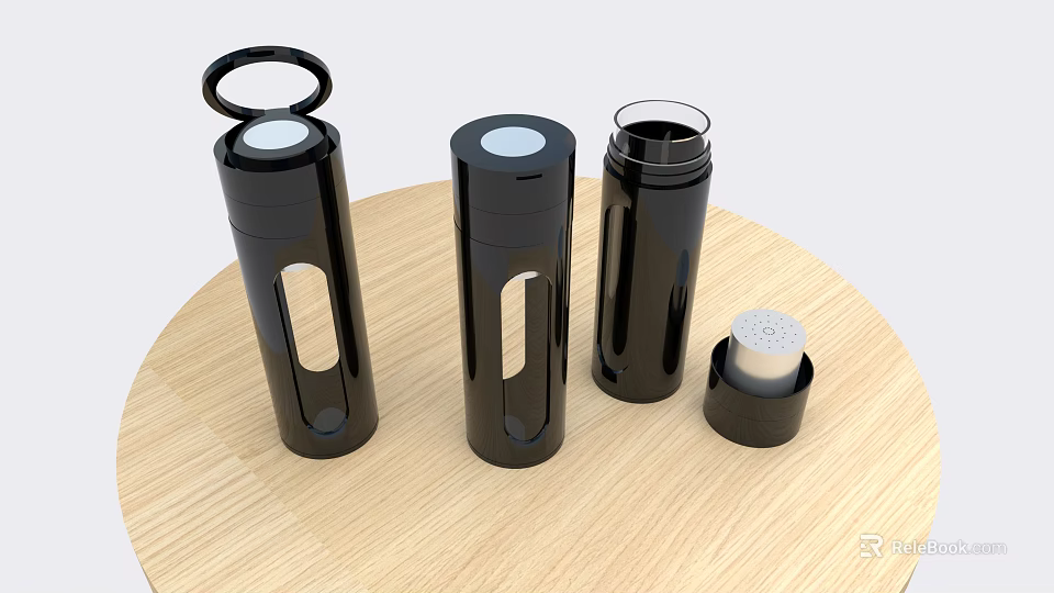 Three Black Insulated Cups on Round Wooden Table with Small Accessory 3d model 