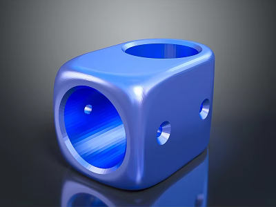 Shiny Blue Geometric Cube Object Featuring Large Central Hole And Small Side Openings 3d model