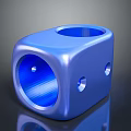 Shiny Blue Geometric Cube Object Featuring Large Central Hole And Small Side Openings