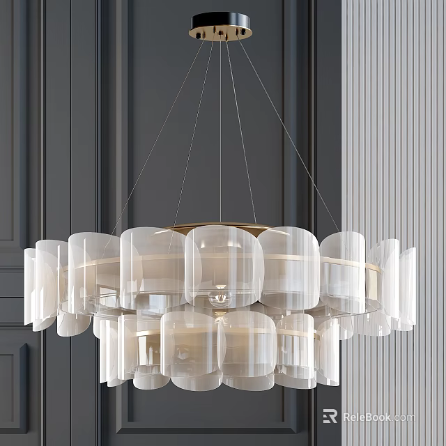 Elegant Modern Transparent Chandelier With Circular Multi Layer Acrylic Design And Vertical Striped Dark Wall 3d model 