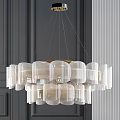 Elegant Modern Transparent Chandelier With Circular Multi Layer Acrylic Design And Vertical Striped Dark Wall