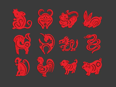 Traditional Chinese Zodiac Twelve Red Paper Cut Animal Art Symbols 3d model