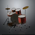Red Drum Set With Snare Tom Tom Bass Drums And Yellow Cymbals On Stands