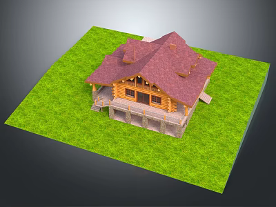 Log Cabin Exterior Design With Red Roof Green Grass Chimney And Wooden Structure 3d model
