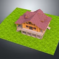 Log Cabin Exterior Design With Red Roof Green Grass Chimney And Wooden Structure