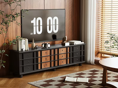 Black and Wood TV Stand with Drawers Cabinets Books Decorative Items and Wooden Wall Background 3d model