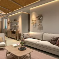Modern Living and Dining Room With Wooden Ceiling Pendant Light Sea View Windows And Plants