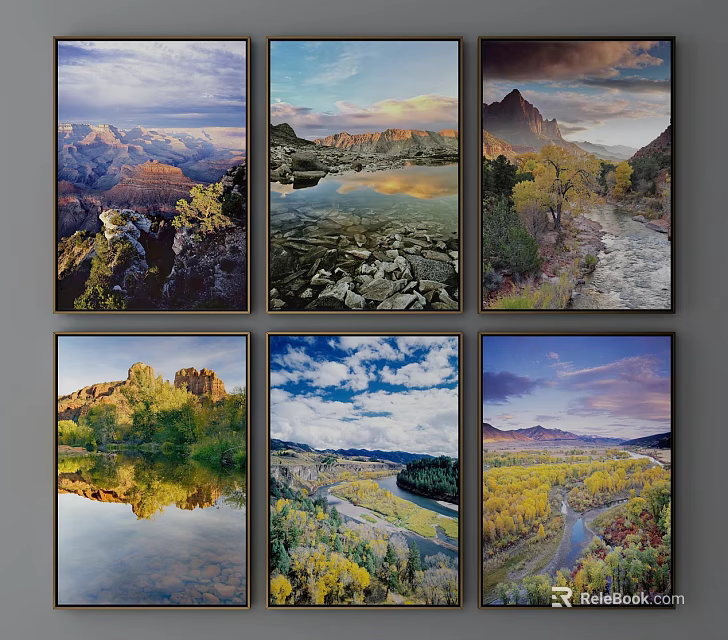 Scenic Landscape Paintings With Mountain Lake River Tree Sky And Rock Views 3d model 