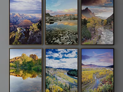 Scenic Landscape Paintings With Mountain Lake River Tree Sky And Rock Views 3d model