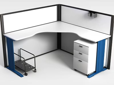 Modern L shaped Office Cubicle Desk With White Desktop Blue Legs And Drawer Cabinet 3d model