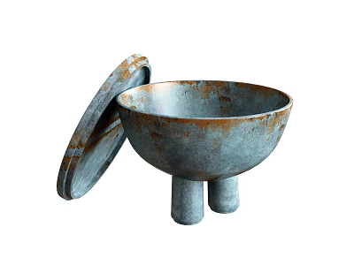 Rustic Metal Dinnerware Bowl Set With Lid And Three Sturdy Supportive Legs Design 3d model