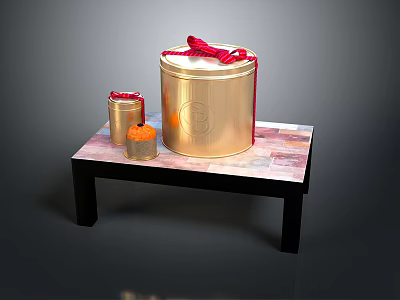Golden Storage Buckets With Red Bows And Small Container On Black Table For Daily Use 3d model