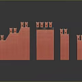 Red Castle Tower Structures With Various Heights And Reflective Decorative Surfaces