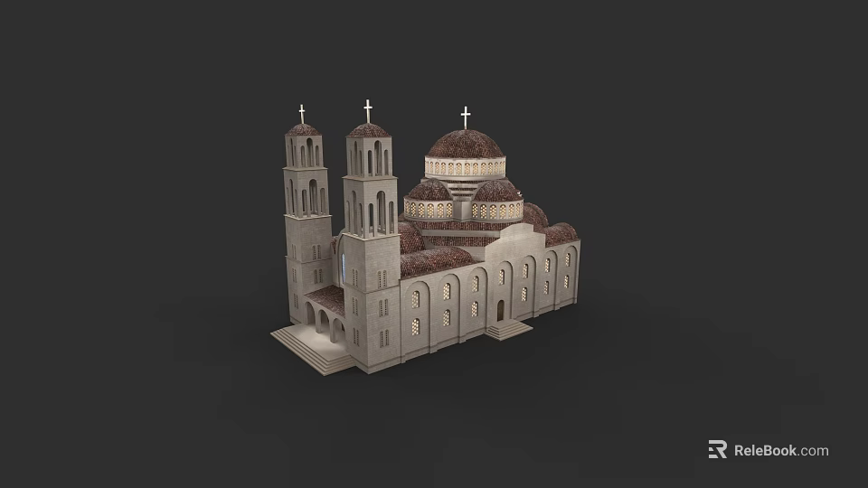 Traditional European Architecture with Domes Towers Crosses Stone Exterior and Red Roof Tiles 3d model 