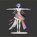 Anime Character Figure With Blue Hair And Pink White Outfit On Pink Base