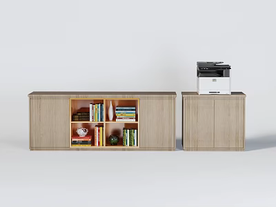 Wooden Bookcase With Open Shelves Books Decorations And Cabinet With Doors Printer On Top 3d model