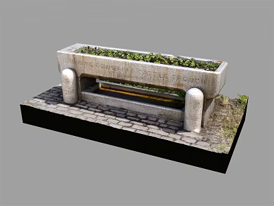 Stone Garden Ornament With Rectangular Planter Cylindrical Pillars On Stone Paved Ground And Green Plants 3d model