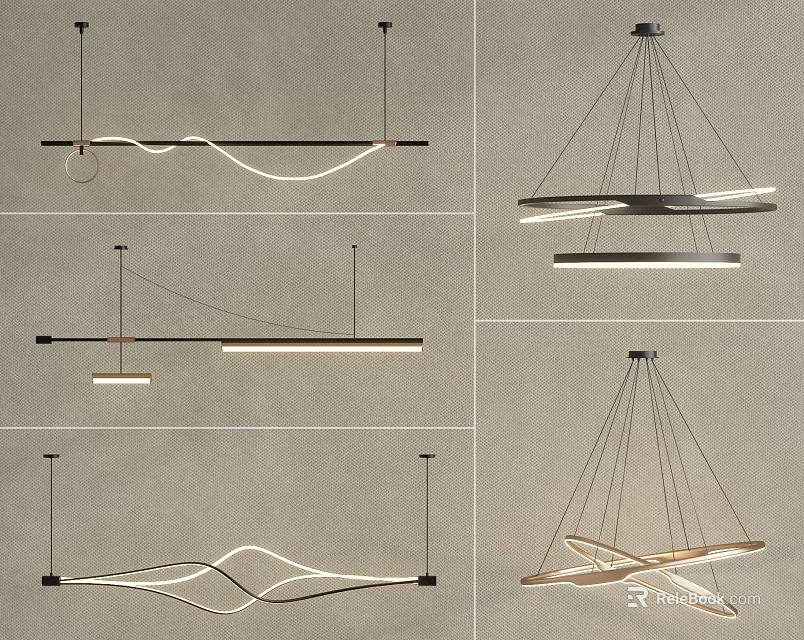 Minimalist Modern Pendant Lights With Curved Metal Frames And Multiple Suspension Wires 3d model 