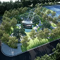 Beautiful Park Landscape With Lush Trees Curved Walkways Pond Green Lawns And Pavilion