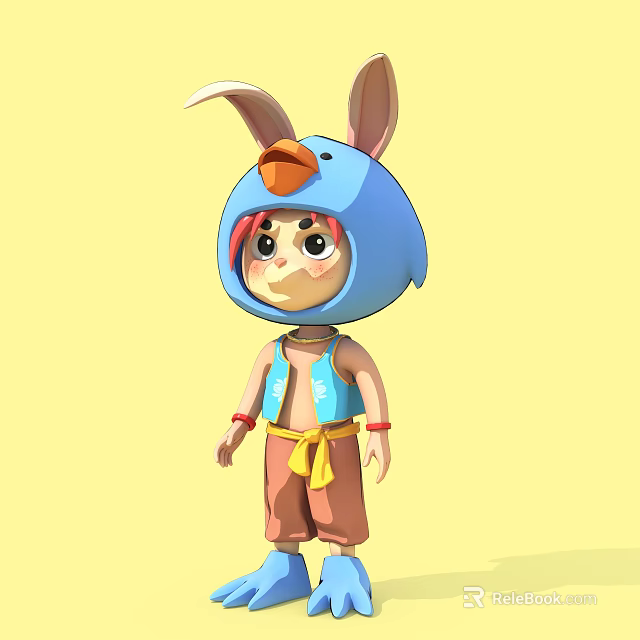 Animated Game Character Wearing Blue Bird Hat Big Ears Orange Beak Blue Vest Orange Pants 3d model 