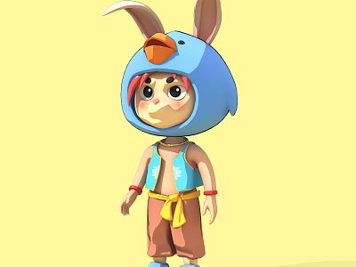 Animated Game Character Wearing Blue Bird Hat Big Ears Orange Beak Blue Vest Orange Pants 3d model