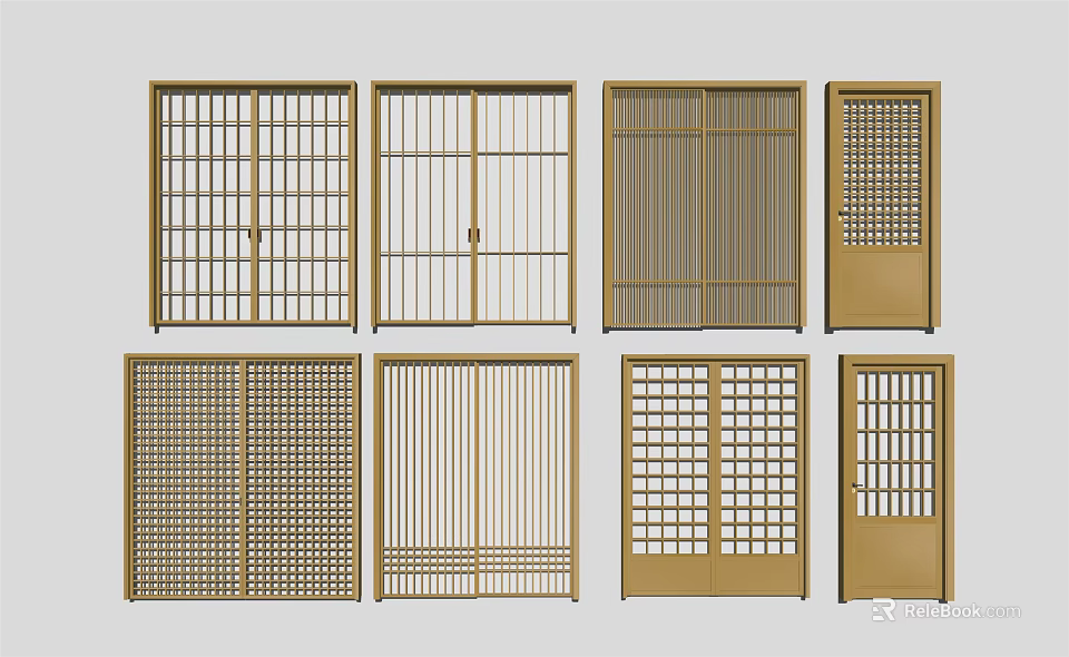 Various Golden Frame Sliding Doors With Different Grid Patterns And Designs 3d model