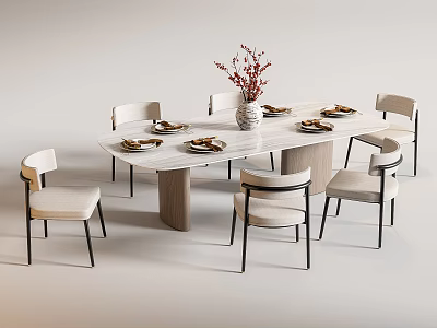 Modern Dining Table Set with White Cushioned Chairs Marble Tabletop Wooden Leg and Flower Vase 3d model