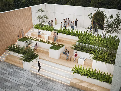 Modern Tree Pits Design With Terraced Steps Lush Green Plants And People Gathering 3d model