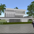 Modern Detached Villa with Large Glass Windows Palm Trees Greenery and Front Stone Paved Courtyard
